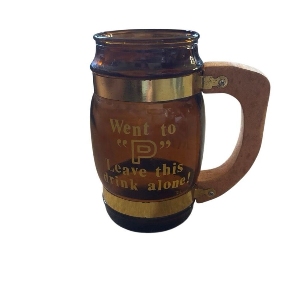 Vintage Amber Glass Beer Mug Wood Handle Gag Gift "Went to P" Mid-Century Bar